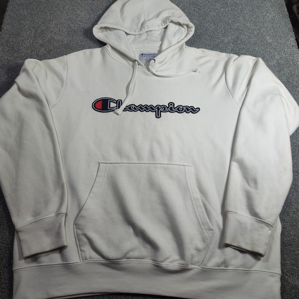Champion Hoodie Mens XL Powerblend Pullover White Logo Good